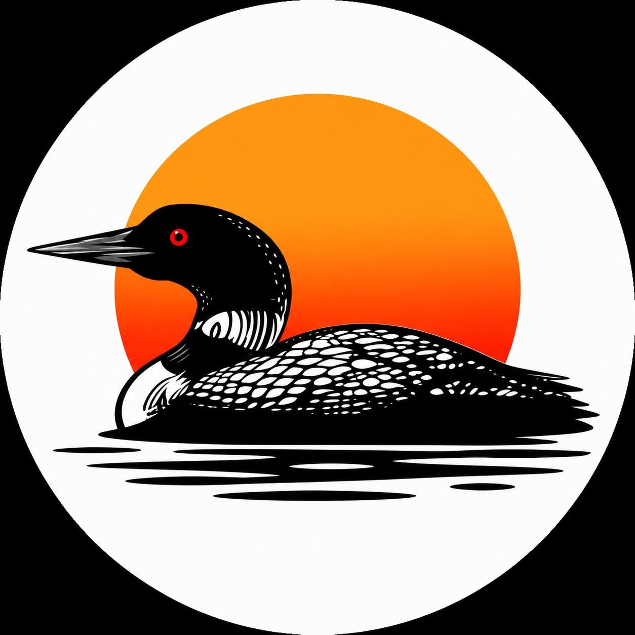 Horizon Painting loon emblem in front of an orange sun